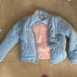 Baby blue velvet puffer jacket by Local Heroes